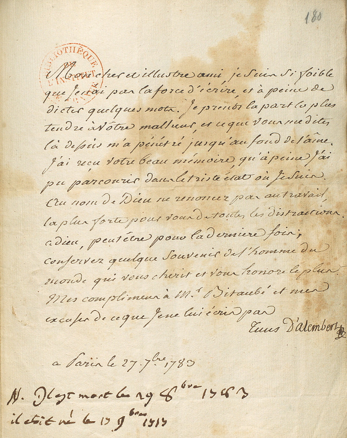 D'Alembert, Lettre Lettres au comte Joseph-Louis Lagrange, feuillet 180