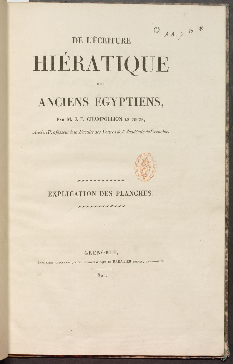 De l’écriture hiératique des anciens égyptiens par M. J.-F. Champollion le jeune (p. titre)