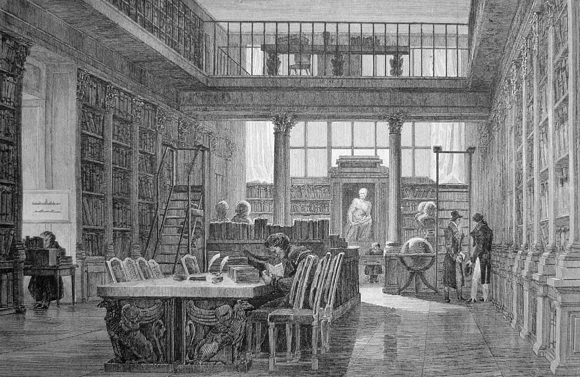 La bibliothèque de l'Institut en 1835. Frontispice de la 6e édition du Dictionnaire de l'Académie française, 1835. 4° O 51 D1. © Christian Piche