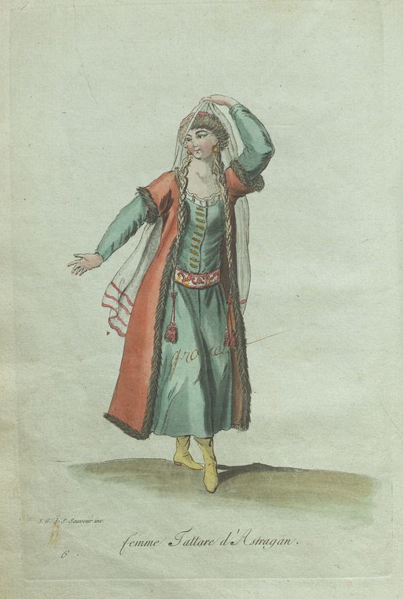 Costumes civils actuels de tous les peuples connus dessinés d'après nature...T.2/Sylvain Maréchal. Paris ; Pavard, 1788. Moeurs et coutumes des circassiens, Femme Tatare d'Astragan.