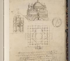Plan et élévation d'église. Carnet B, ms 2173, f. 68v © Bibliothèque de l'Institut de France
