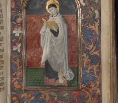 Saint Albert confesseur foulant au pied une femme cornue, Heures à l'usage de Rennes, Bib. Mazarine Faralicq Ms 5 f. 82